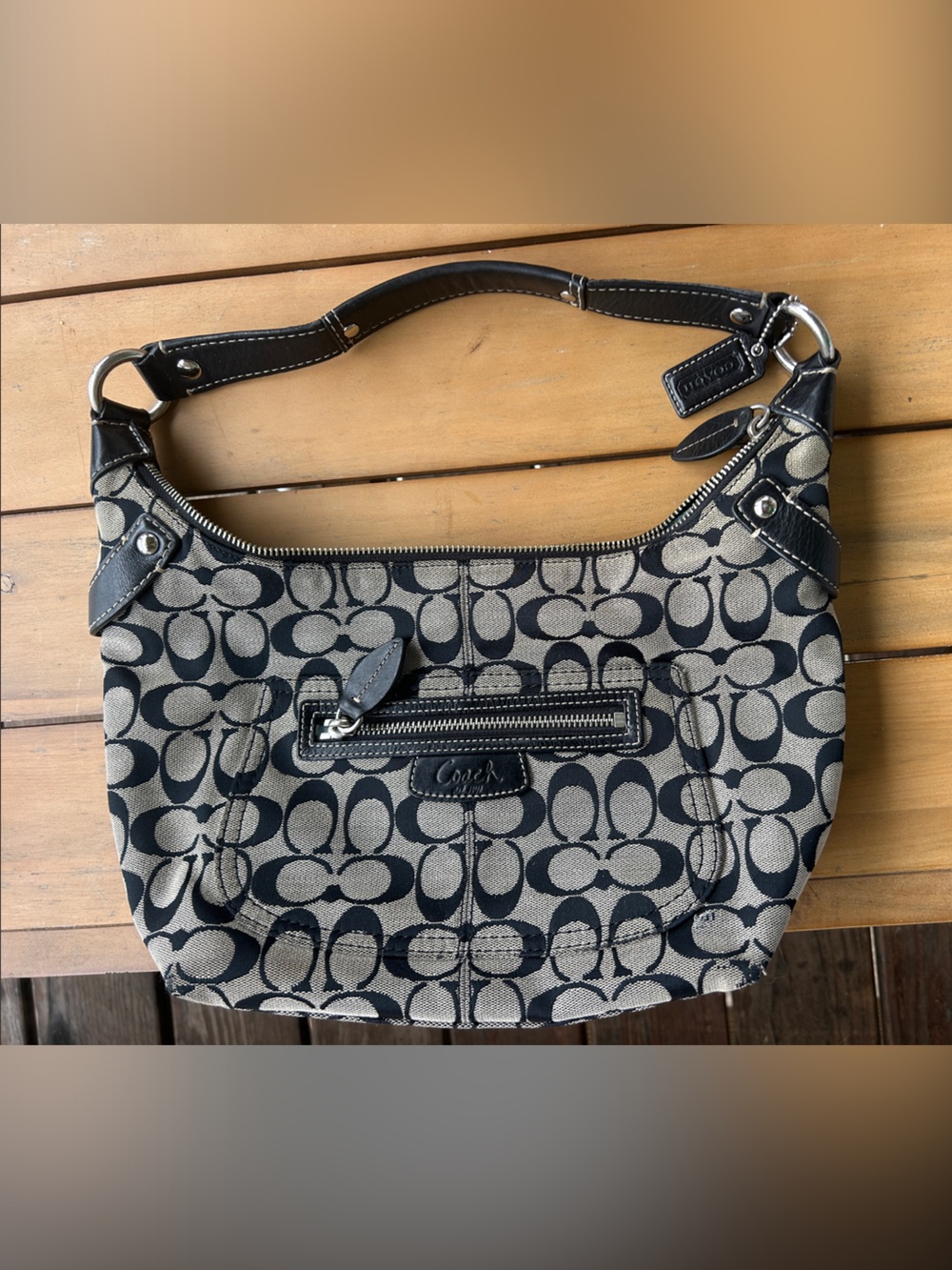 Coach Penelope Black Signature Canvas Shoulder Hobo Bag